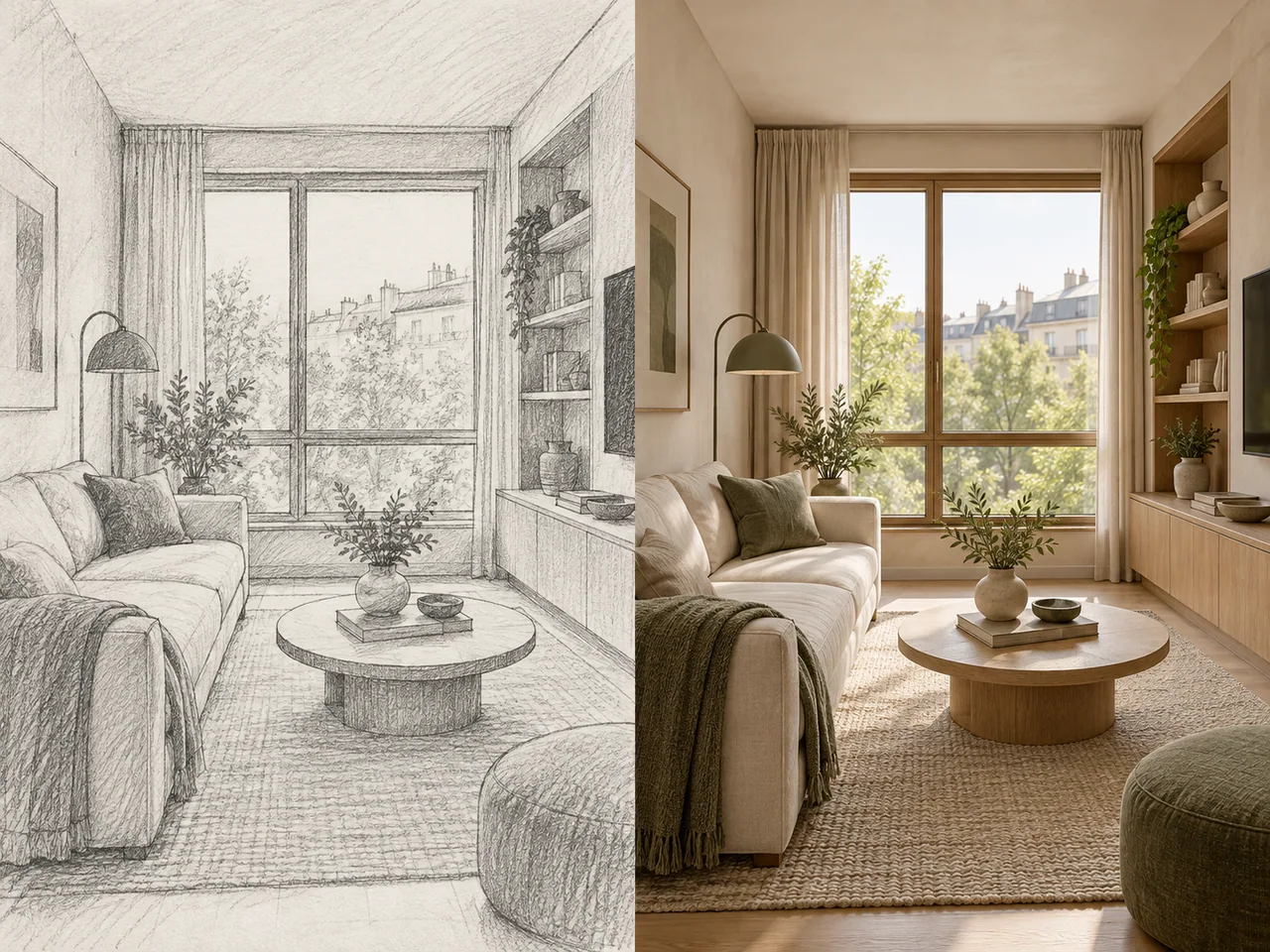 Comparación: boceto a lápiz de un salón y una propuesta visual de interior.